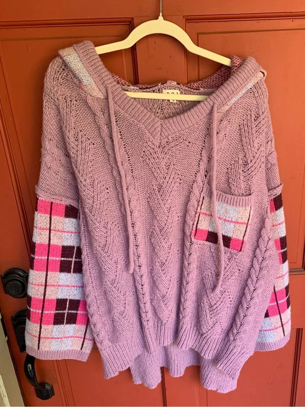 POL Pink Cable-Knit Hoodie Sweater with Plaid Sleeve Panels
